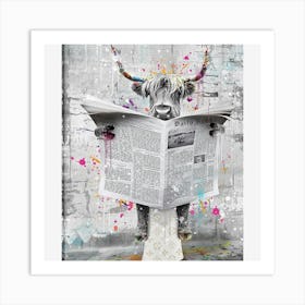 Highland Cow Reading Newspaper GUGIKA: Black and White Painting for Living Room, Funny Graffiti Bedroom Wall Decor, Highland Cow Canvas Wall Art for Bathroom, and Bathroom Picture Art Print
