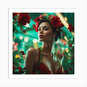 An Artwork Depicting A Women, Big Tits, In The Style Of Glamorous Hollywood Portraits, Green Red, Ye (1) Art Print
