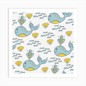 Whale Cartoon Whale Seamless Cartoon Character Animals Leaf Art Print