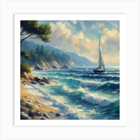 Sailboat On The Sea, Acrylic Painting Style Art Print