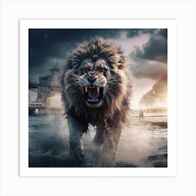 Roaring Lion Standing In The Water Art Print