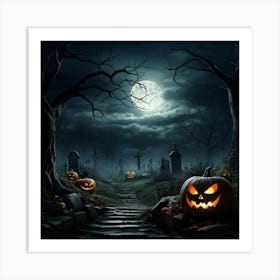 Art Landscape Pumpkin Holiday Design Halloween Fear Moon Skittish Green Grave Dark Scene (26) Art Print