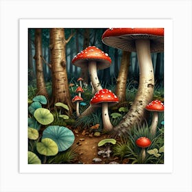 Mushrooms In The Forest 1 Art Print