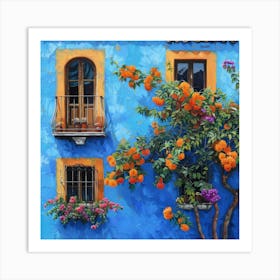 Blue House With Orange Flowers Art Print