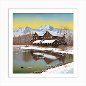 Winter Cabin By The Lake Art Print
