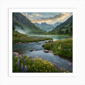 Mountain Stream With Wildflowers Art Print