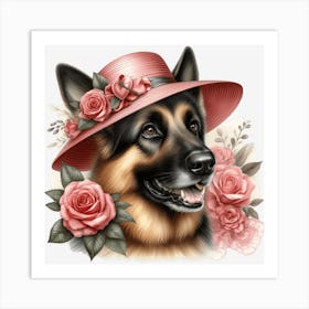 German Shepherd With Roses 1 Art Print