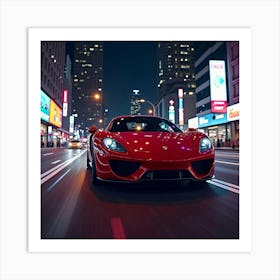 Sleek Red Supercar Speeding Down A Neon Lit City Street At Night 1 Art Print