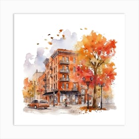 Watercolor Autumn Street Scene 1 Art Print