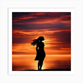 Silhouette Of A Woman At Sunset Art Print