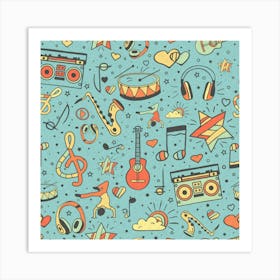 Seamless Pattern Musical Instruments Notes Headphones Player Art Print