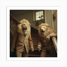 Two Lions On The Stairs - Friends - Cute - Vintage - Laughing Art Print