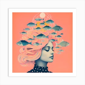 Risograph Style Surreal Woman & Fish, Candy Colours 2 Art Print