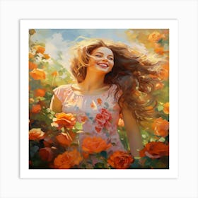 Girl In A Rose Garden Art Print