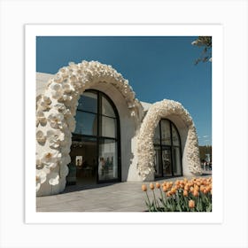a popup store building from future made of concrete, glass and a lot of teddy bears. The structure is the shaped like an arch with a large circular concrete staircase inside. on the facade there are a lot of soft beige bears. In front there is "THE PTASHATKO" written on it. the weather is sunny outside, the sky is blue. The photography is in the style of street photography and architectural magazine photography. Outside we see big white flowers and more tulip petals covering all around the space. 2 Art Print