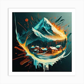 Abstract painting of a mountain village with snow falling 16 Art Print