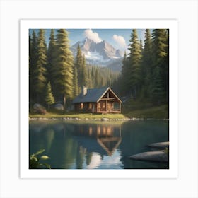 Cabin By The Lake paintings art print Art Print