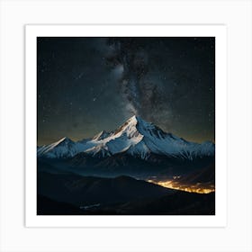 A Majestic Mountain Range With Snow Capped Peaks And A Clear, Starry Night Sky Art Print