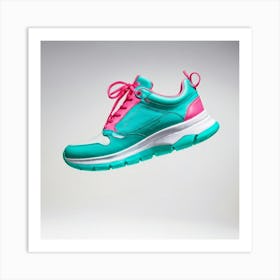 Turquoise And Pink Leather Sneaker With A Dynamically Designed Magic Jumping Sole Suspended Mid Air Art Print