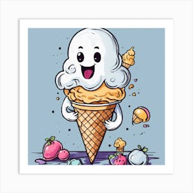 Sweet Specter: Minimalist Wall Art featuring a Simple Ghost Enjoying an Ice Cream Doodle Art Print