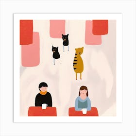 Tiny People At The Cat Cafe Illustration 5 Art Print