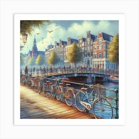 Bicycles Lined Up Along An Amsterdam Bridge In A Charming Digital Illustration, Style Digital Painting 1 Art Print