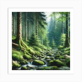 Stream In The Forest, Acrylic Painting Style 8 Art Print