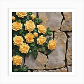 Yellow Climbing Roses On Stone Wall Art Print