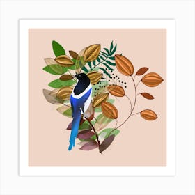 Bird Magpie Leaves Flowers Flora Seeds Botanical Plants Sheet Nature Art Print