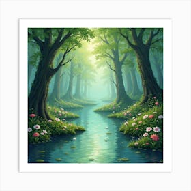 Mystic Watercolor Swamp With Hidden Faeries 1 Art Print