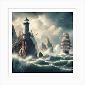 Lighthouse In Stormy Sea Art Print