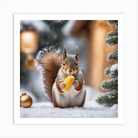 Squirrel Eating Corn In The Snow Art Print