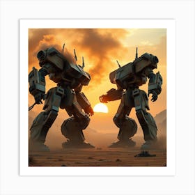 Giant Robot Battle In A Desert Wasteland Art Print