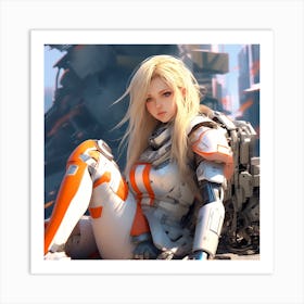 3d Dslr Photography A Woman With Long Blonde Hair Sitting On The Ground, Cyberpunk Art, By Krenz Cushart, Wears A Suit Of Power Armor, Closeup Character Portrait, Cute Detailed Digital Art, Artgerm And Lois V (3) Art Print