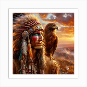 Oil Texture Native American Indian With Hawk On Shoulder Art Print