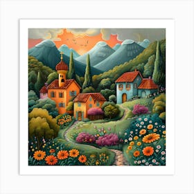 Village In The Mountains, Naive, Whimsical, Folk Art Print