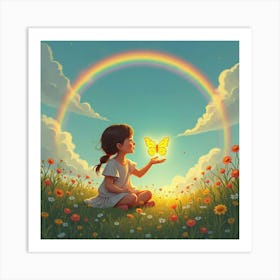 A Girl Sitting In A Meadow Of Flowers, Holding A Glowing Butterfly, With A Rainbow In The Background Art Print