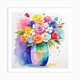 Watercolor Roses In A Vase Art Print