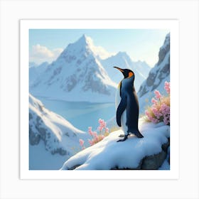 Penguin On Snowy Cliff Flowers 1 Art Print