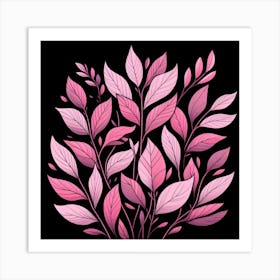 Pink Leaves On Black Background 4 Art Print