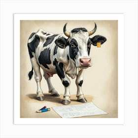 Cow With Pencil Art Print