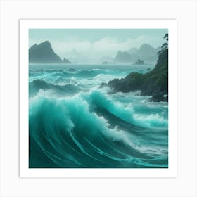 Teal Raging Ocean Art Print