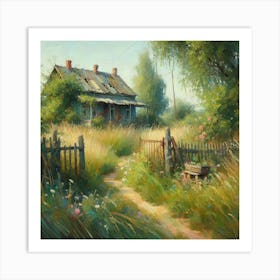 Old House And The Path Among The Grass In The Countryside, Acrylic Painting Style Art Print