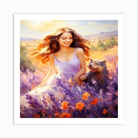 Girl With Dog In Lavender Field Art Print