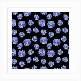 Blue Flowers On A Black Background Art Print