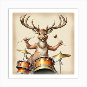 Deer Playing Drums Art Print