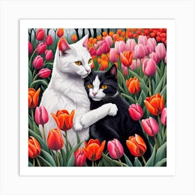 Cat And Tulips Art Print