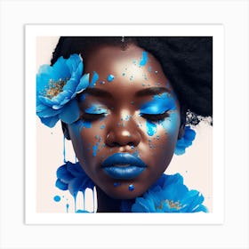 Black Woman With Blue Flowers Art Print