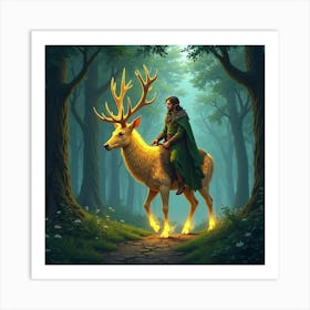 Druid Riding A Glowing Stag Through An Enchanted Forest 1 Art Print