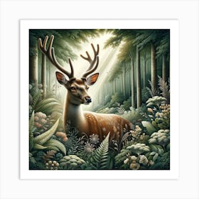 "Forest Monarch: The Stag's Serenity" exquisitely captures the gentle majesty of the stag amidst a lush woodland. This piece brings forth the beauty of nature, highlighting the stag's poise and the forest's tranquil splendor. Ideal for nature enthusiasts and art collectors alike, this image serves as a daily reminder of the serene and grounding presence of the natural world. Let "Forest Monarch: The Stag's Serenity" be a focal point in your space, inviting a sense of peace and a breath of fresh forest air into your home or office. Art Print